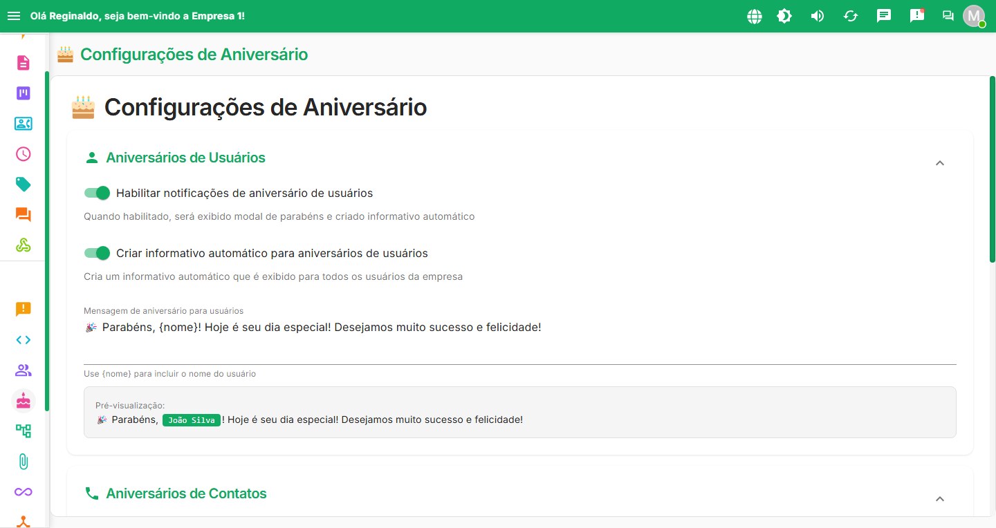 Configurações de aniversário do Ilustra Atende